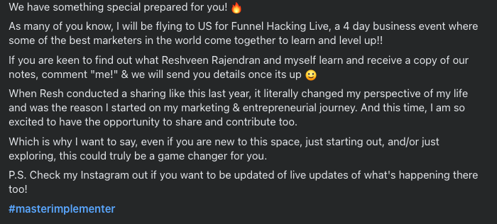 Mine: the Funnel Hacking Live post; actual historical caption crop