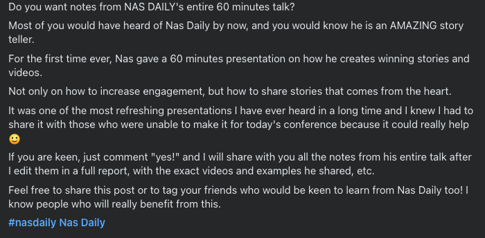 Mine: the Nas Daily notes post; actual historical caption crop